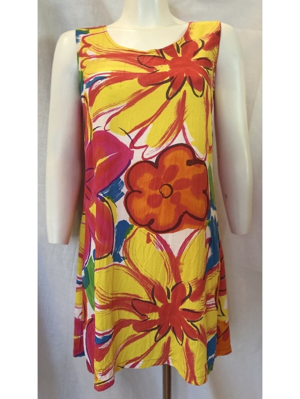 VTG Jams World Floral Splash Crinkle Beach Hawaiian Sleeveless Mini Dress SZ S